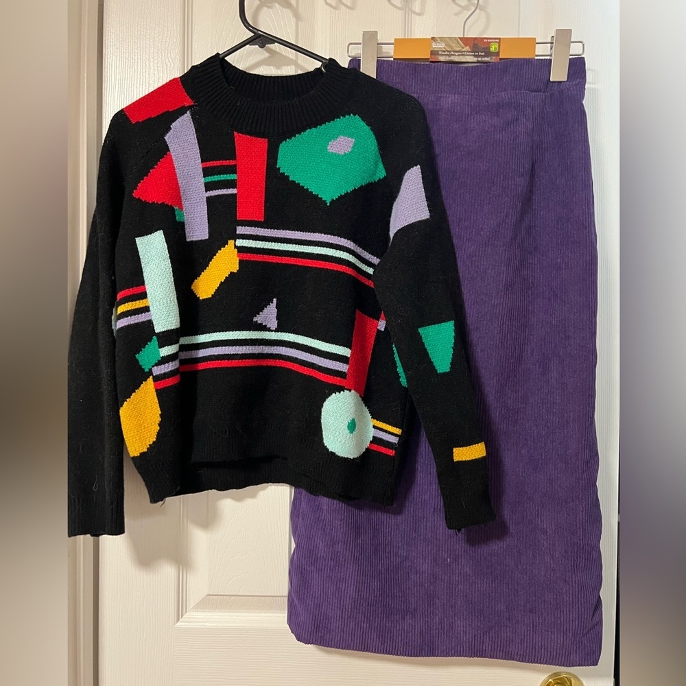 Colorful Geometric Knit Sweater & Purple Corduroy Skirt Set - Picture 5 of 13
